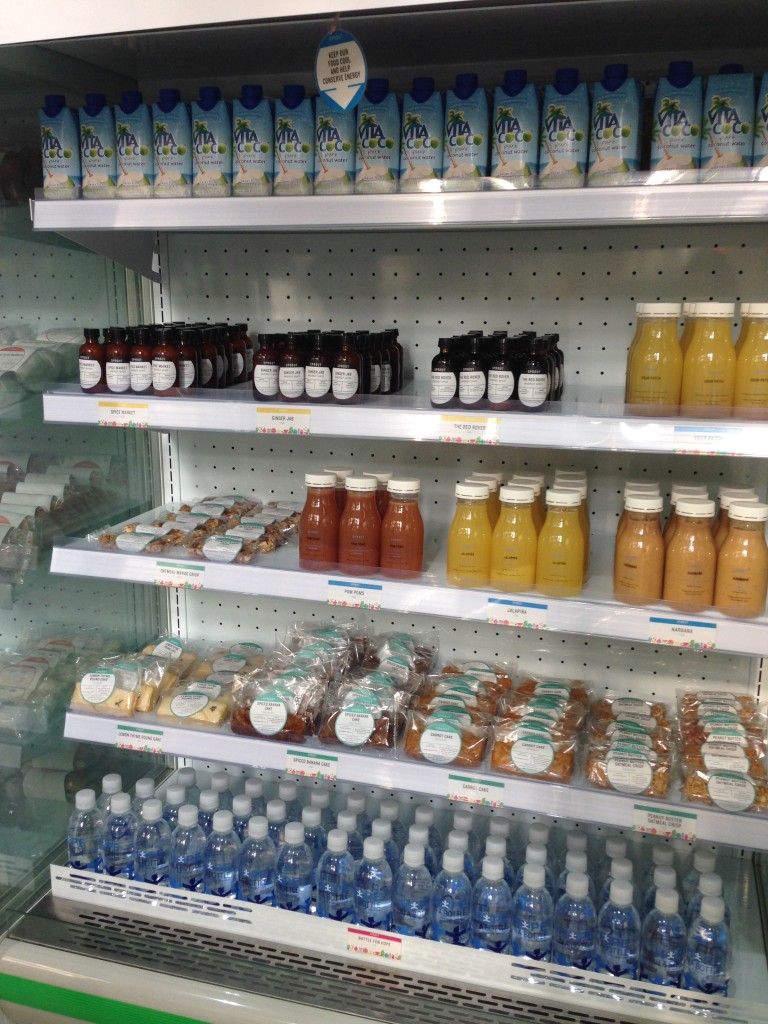 Vita Coco, Fresh Juices, Smoothies, Booster shots, Water and Calorie counted sweet snacks like Spiced banana bread, Oatmeal bar, Chia Pods etc