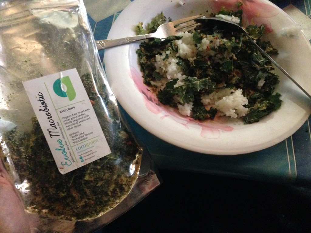 Evolve Cocogreen Kale Chips with white rice and white beans, because the only thing available outside this is sardines